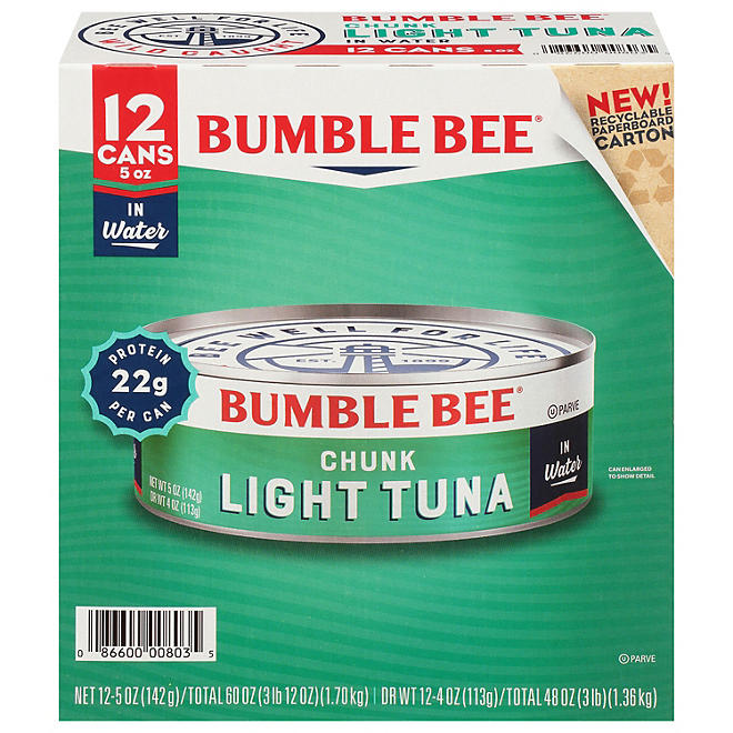 Bumble Bee Tuna, in Water, Chunk, Light - 12 pack, 5 oz cans