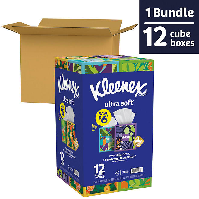 Kleenex Ultra Soft Hypoallergenic 3-Ply Facial Tissues 12 Cube Boxes, 72 tissues/box