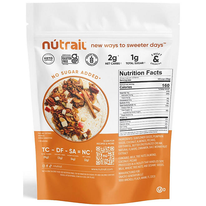 NuTrail Low Carb Keto Nut Granola, Cinnamon Pecan, 22 oz.