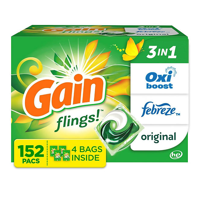 Gain Flings! 3 in 1 Laundry Detergent Pacs, Original Scents, 152 ct.