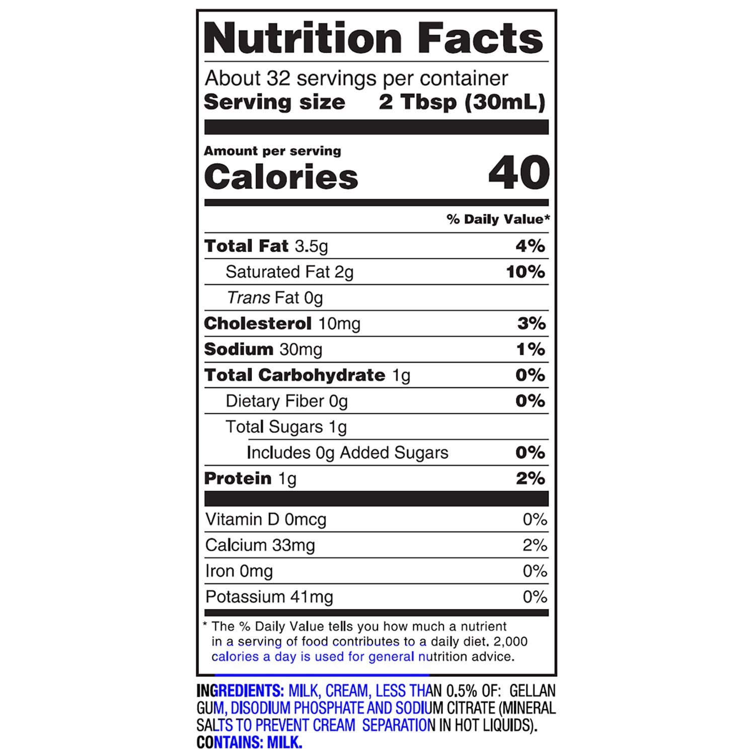 Calories in 1/2 cup of Cream (Half & Half) and Nutrition Facts