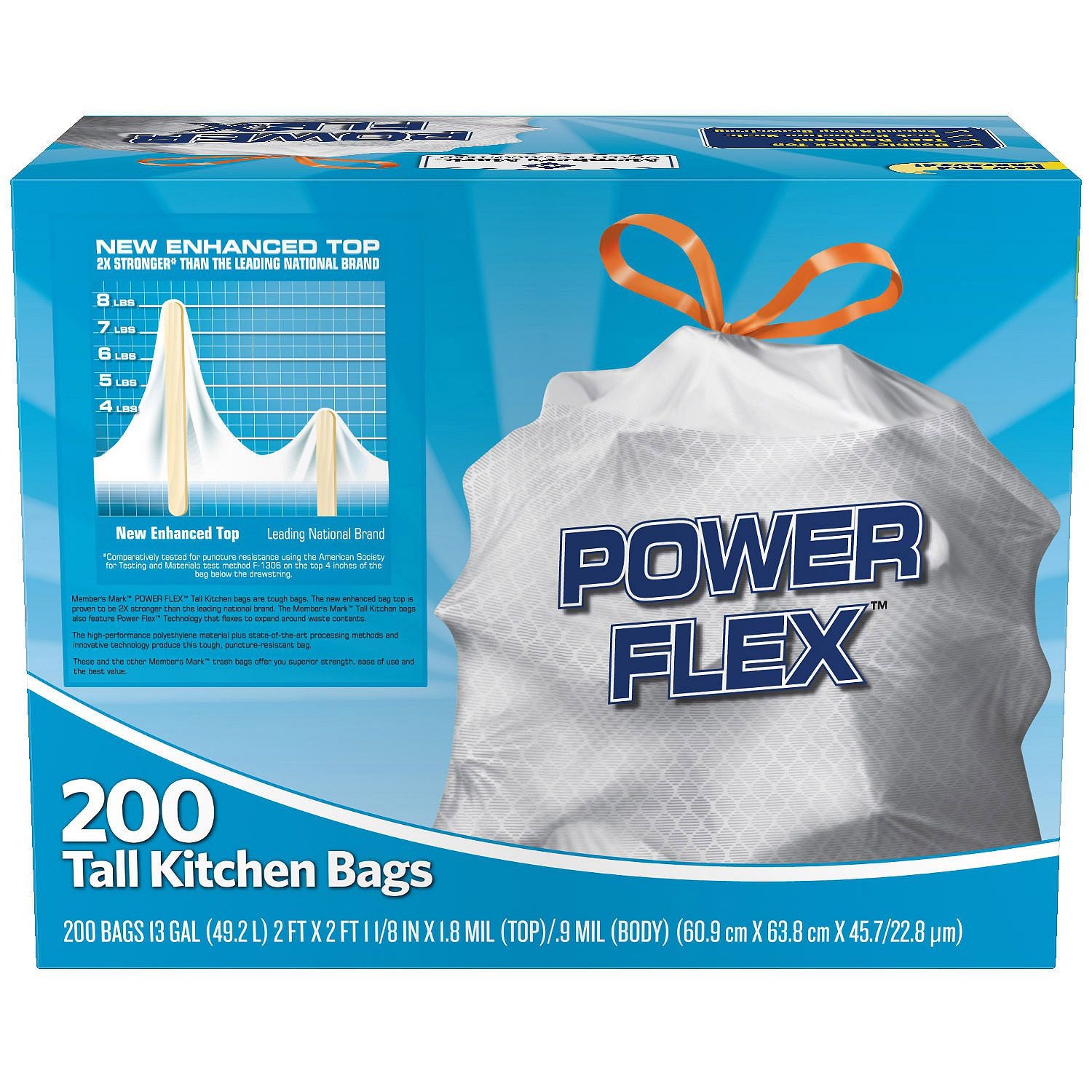 Member's Mark Power Flex Tall Kitchen Drawstring Trash Bags Unscented (13  gal., 200 ct.)